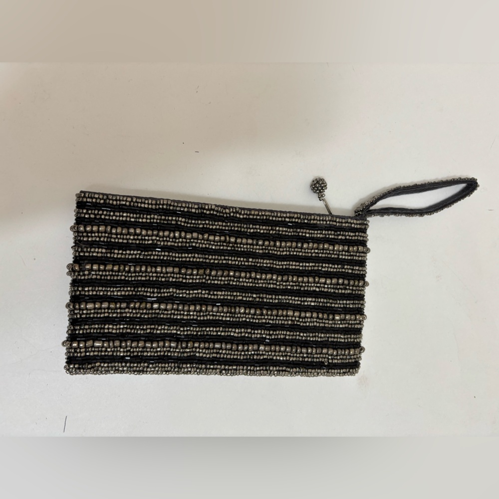 Black silver Beaded mini clutch small purse‎ wristlet striped evening retro - Picture 6 of 6